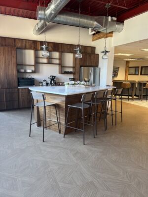 Custom Walnut Island and Custom Walnut Wall Cabinets with Open Shelves