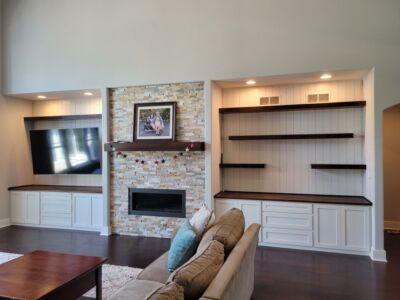Custom Built Maple Cabinets with Floating Shelves and Stained Top